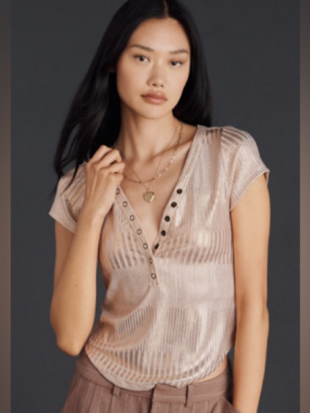 Anthropologie Pilcro The Andie Ribbed Henley Top in Shine Pink Size M